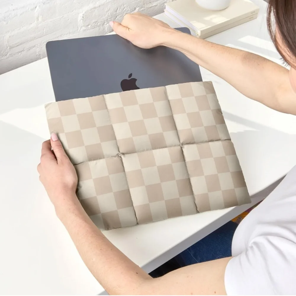 Vandel Beige Checkered Puffer Laptop Sleeve